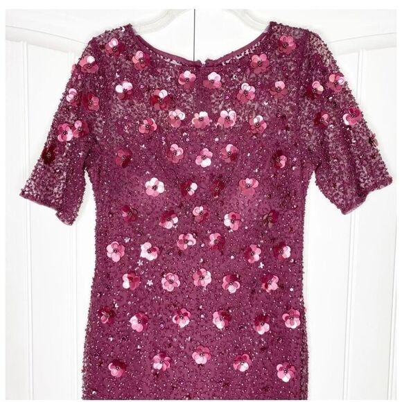 Adrianna Papell Sz 6 Floral 3D Sequin Ball Gown Maroon Sparkle High Slit Formal - Picture 6 of 16